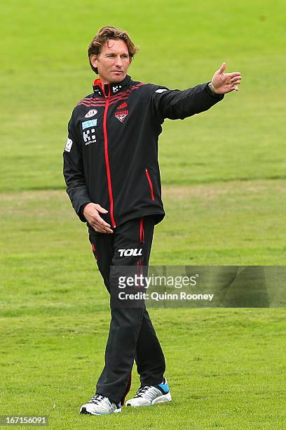 James Hird the coach of the Bombers gives instructions during an Essendon Bombers AFL training session at Windy Hill on April 22, 2013 in Melbourne,...