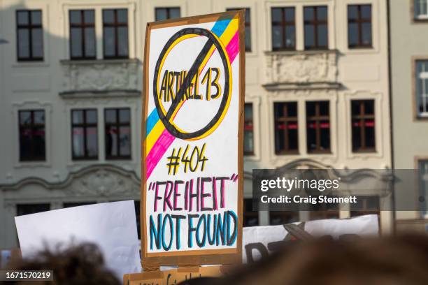 Placard is being carried by a demonstrator against 'Article 13' at the Save Your Internet Protest in Leipzig, Saxony, Germany on March 23, 2019....