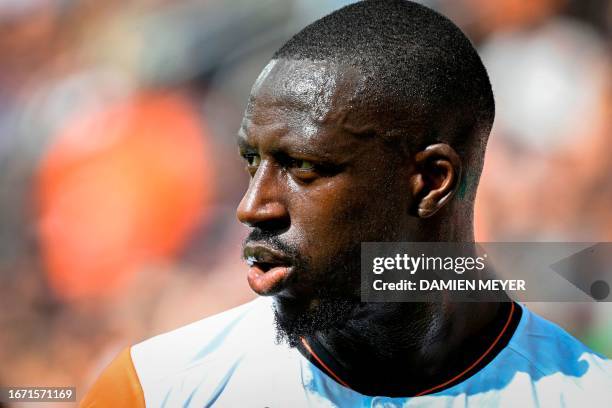 Lorient's French defender Benjamin Mendy reacts during the French L1 football match between FC Lorient and AS Monaco at Stade du Moustoir in Lorient,...