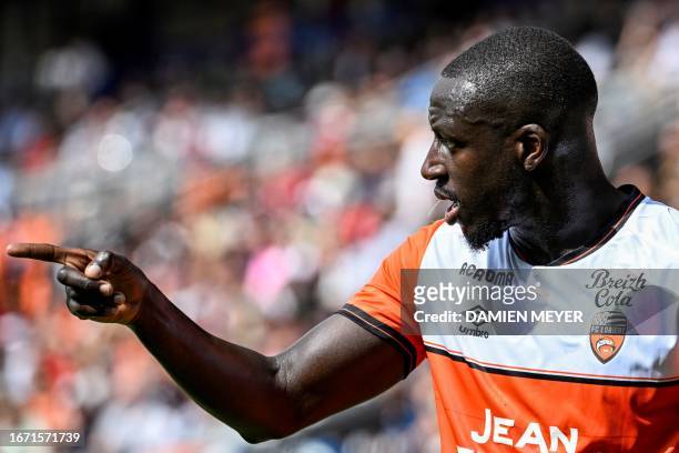 Lorient's French defender Benjamin Mendy reacts during the French L1 football match between FC Lorient and AS Monaco at Stade du Moustoir in Lorient,...
