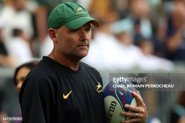 South Africa's head coach Jacques Nienaber looks on ahead of the France 2023 Rugby World Cup Pool B match between South Africa and Romania at Stade...