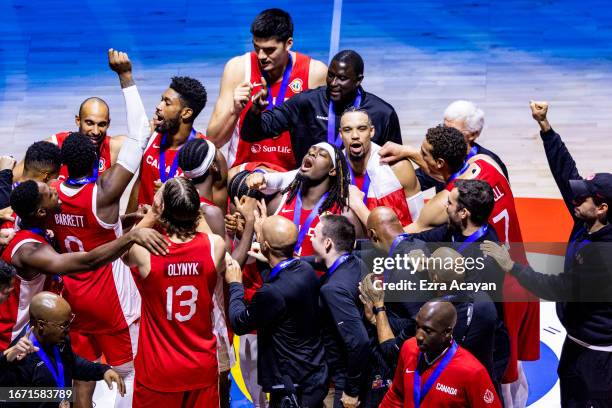 Canadian team celebrates after winning the FIBA Basketball World Cup 3rd Place game between USA and Canada at Mall of Asia Arena on September 10,...