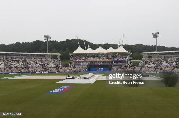 Covers are seen on the pitch as rain delays the start of play during the 2nd Metro Bank One Day International match between England and New Zealand...