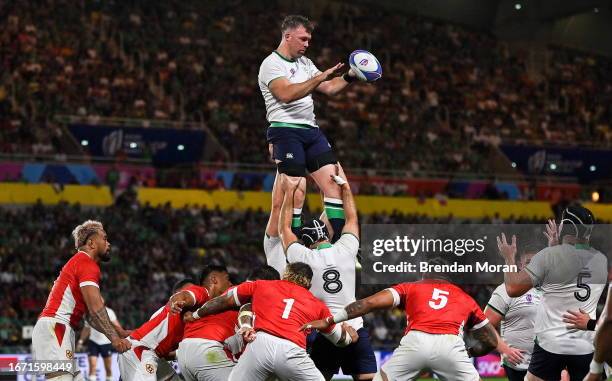 Nantes , France - 16 September 2023; Peter O'Mahony of Ireland takes the ball in a lineout during the 2023 Rugby World Cup Pool B match between...