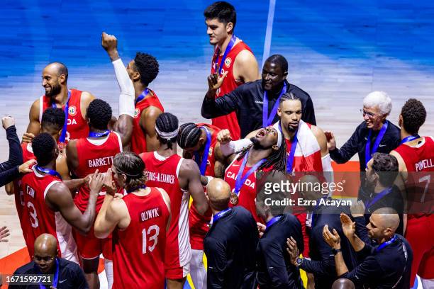 Canadian team celebrates after winning the FIBA Basketball World Cup 3rd Place game between USA and Canada at Mall of Asia Arena on September 10,...