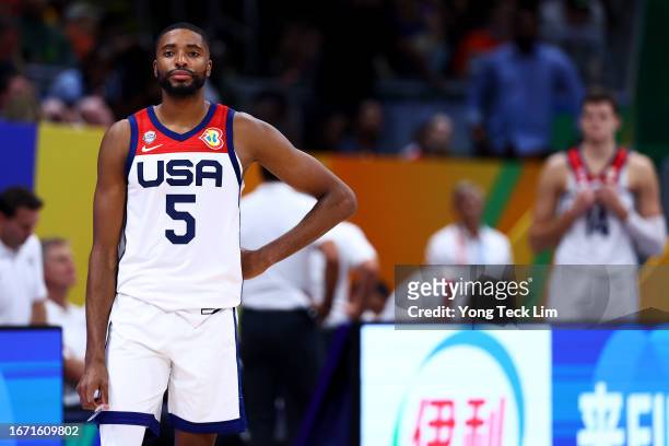 Mikal Bridges of the United States reacts in overtime during the FIBA Basketball World Cup 3rd Place game against Canada at Mall of Asia Arena on...
