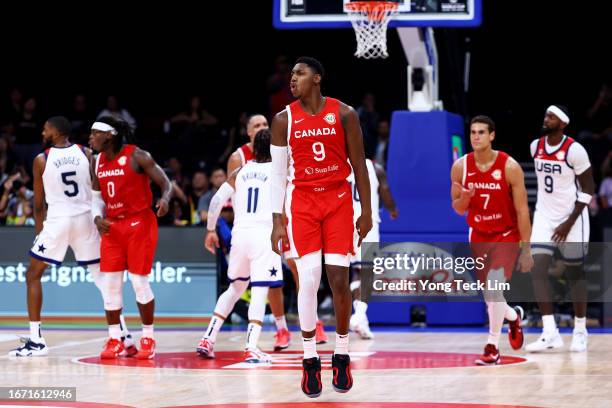 Barrett of Canada celebrates after scoring a three-pointer in overtime during the FIBA Basketball World Cup 3rd Place game against the United States...