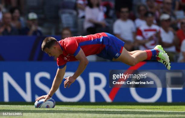 Rodrigo Fernandez of Chile scores his team's first try during the Rugby World Cup France 2023 match between Japan and Chile at Stadium de Toulouse on...
