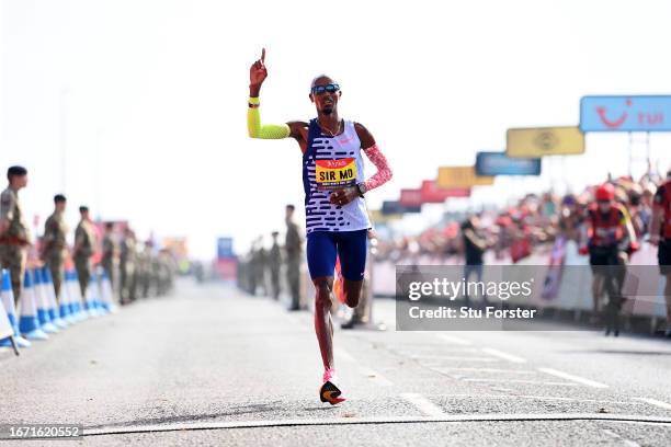Sir Mo Farah of Great Britain crosses the finish line for fourth place in the Elite Men race during the AJ Bell Great North Run 2023 on September 10,...