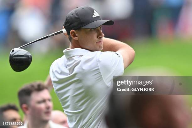 Sweden's Ludvig Aberg watches his drive from the 3rd tee on day four of the BMW PGA Championship at Wentworth Golf Club, south-west of London, on...