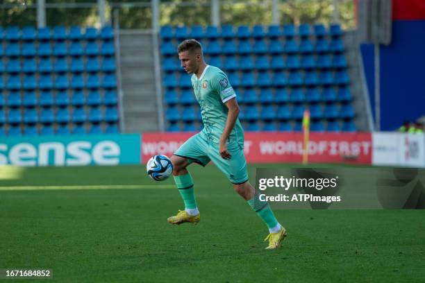 Vladislav Morozov of Bielorrusia in action during the UEFA EURO 2024 qualifying round group I match between Andorra and Bielorrusia at Estadi...