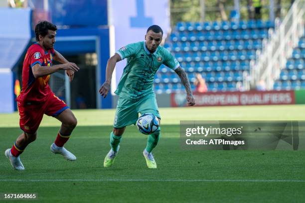 Maks Ebong of Bielorrusia in action during the UEFA EURO 2024 qualifying round group I match between Andorra and Bielorrusia at Estadi Nacional...