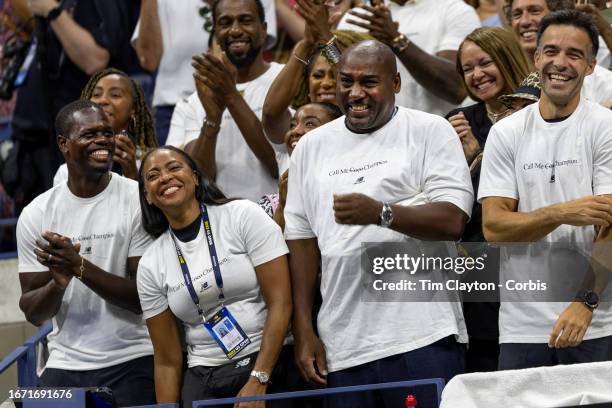 September 9: Candi Gauff and Corey Gauff, parents of Coco Gauff of the United States, and coach Pere Riba, react to her victory search after her win...