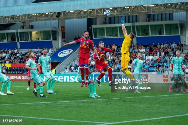 Marc Vales of Andorra and Maksim Plotnikov of Bielorrusi in action during the UEFA EURO 2024 qualifying round group I match between Andorra and...