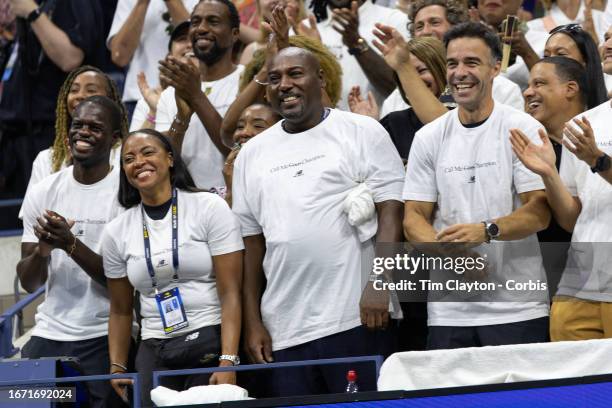 September 9: Candi Gauff and Corey Gauff, parents of Coco Gauff of the United States, and coach Pere Riba, react to her victory search after her win...