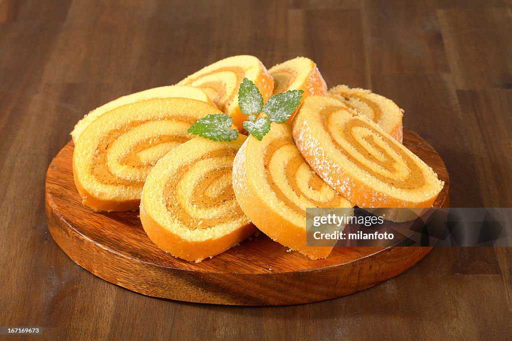 Caramel swiss roll slices