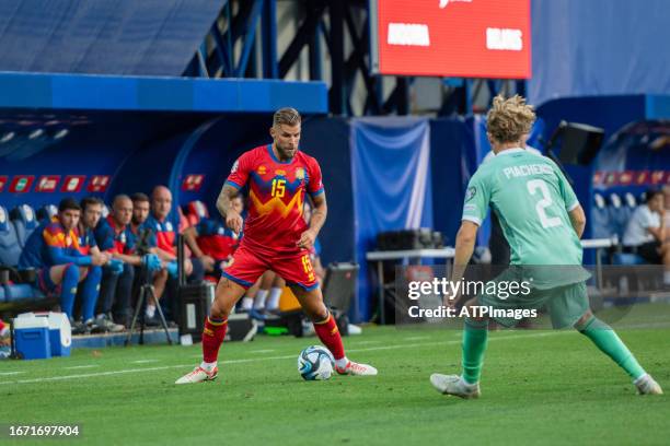 Moises San Nicolas of Andorra and Kiryl Pyachenin of Bielorrusi in action during the UEFA EURO 2024 qualifying round group I match between Andorra...