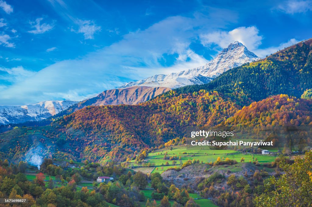 Extraordinary valley in the Autumn season of the Caucasus range in the Mestia area, Georgia