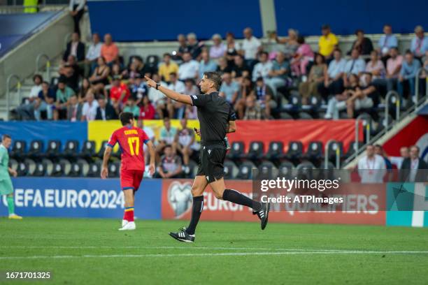 Referee Eldorjan Hamiti of Albania looks on in action during the UEFA EURO 2024 qualifying round group I match between Andorra and Bielorrusia at...