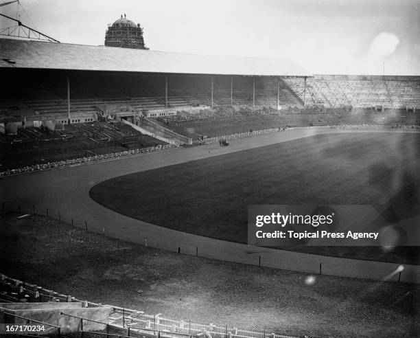 View of Wembley Stadium nearing completion on construction, February 1923.