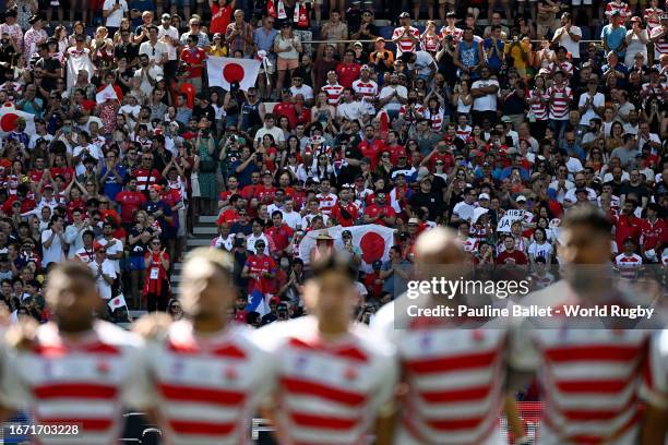 General view of fans of Japan as players of Japan line up during the National Anthems prior to the Rugby World Cup France 2023 match between Japan...