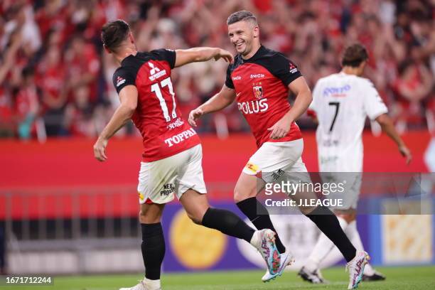 Of Urawa Reds celebrates scoring his side's second goal during the J.LEAGUE YBC Levain Cup quarter final second leg match between Urawa Red Diamonds...