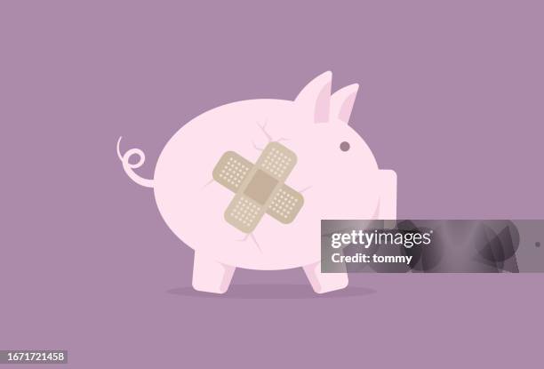 broken piggy bank with band-aid bandage for financial concept, money problem from economic recession - smashed piggy bank stock illustrations