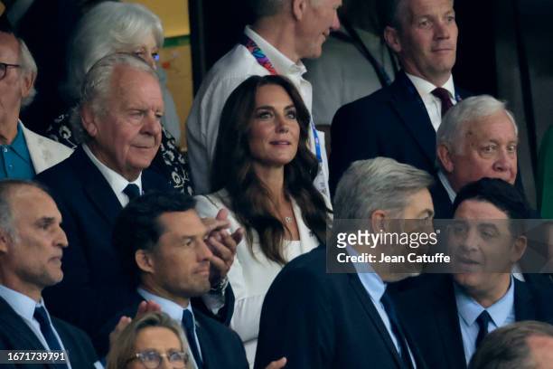 Sir Bill Beaumont and Catherine, Princess of Wales attend the Rugby World Cup France 2023 match between England and Argentina at Stade Velodrome on...