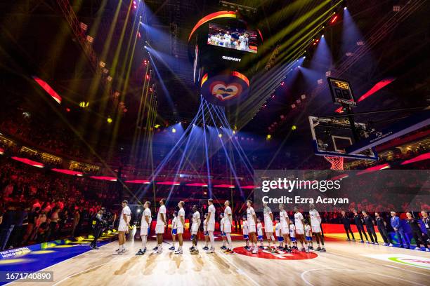 Germany players sing the national anthem prior to the FIBA Basketball World Cup Final between Germany and Serbia at Mall of Asia Arena on September...