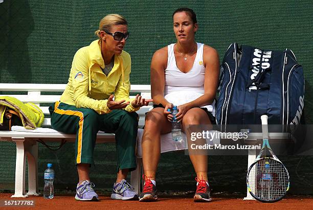 Jarmila Gajdosova of Australia speaks to her coach Nicole Bradtke during day three of the Fed Cup World Group Play-Offs between Switzerland and...