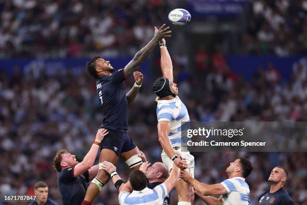 Courtney Lawes of England and Tomas Lavanini of Argentina contest a line-out during the Rugby World Cup France 2023 match between England and...