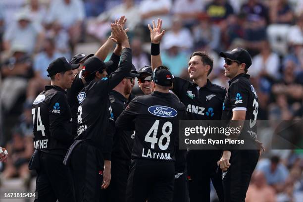 Trent Boult of New Zealand celebrates after taking the wicket of Ben Stokes of England during the 2nd Metro Bank One Day International match between...