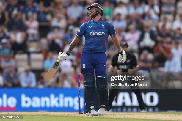 Ben Stokes of England looks dejected after being dismissed by Trent Boult of New Zealand during the 2nd Metro Bank One Day International match...