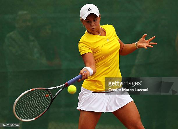 Ashleigh Barty of Australia plays a forehand against Stefanie Voegele of Switzerland of Switzerland during day three of the Fed Cup World Group...