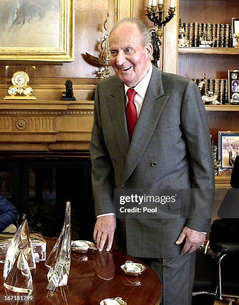 King Juan Carlos of Spain talks to Jose Manuel Caballero Bonald, awarded the Cervantes Prize 2012, during an audience granted by the Queen on April...