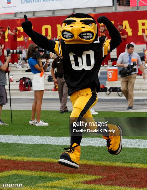 The Iowa Hawkeyes mascot Herky takes the field at Jack Trice Stadium on September 9, 2023 in Ames, Iowa. The Iowa Hawkeyes won 20-13 over Iowa State...