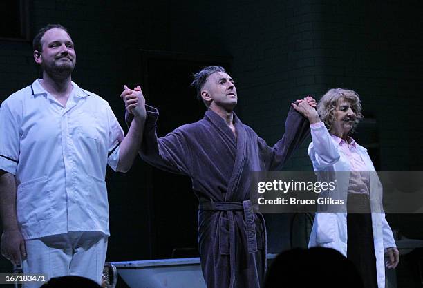 Brendan Titley, Alan Cumming and Jenny Sterlin take their opening night curtain call in "Macbeth" at The Ethel Barrymore Theatre on April 21, 2013 in...