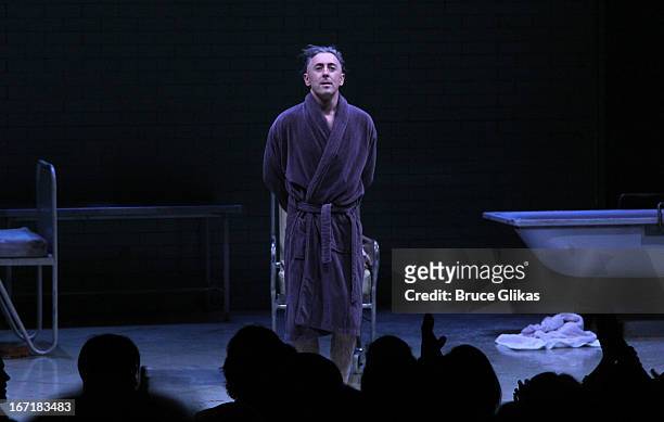 Alan Cumming takes his opening night curtain call in "Macbeth" at The Ethel Barrymore Theatre on April 21, 2013 in New York City.