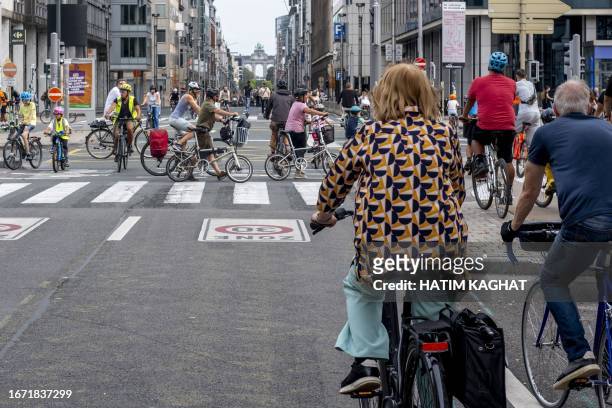 Bikers ride during the Car Free Sunday in the Brussels Capital region, on September 17, 2023. In several cities and towns across Belgium a Sunday...