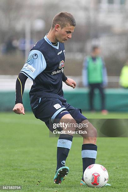 Chris Wolf of Muenchen in action during the Regionalliga Bayern match between FV Illertissen and 1860 Muenchen II at Voehlinstadion on April 20, 2013...