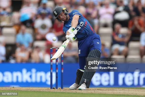 Jos Buttler of England bats during the 2nd Metro Bank One Day International match between England and New Zealand at The Ageas Bowl on September 10,...