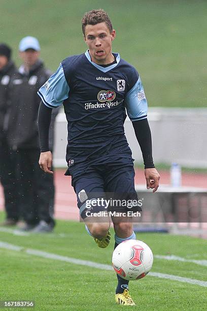 Sebastian Maier of Muenchen in action during the Regionalliga Bayern match between FV Illertissen and 1860 Muenchen II at Voehlinstadion on April 20,...