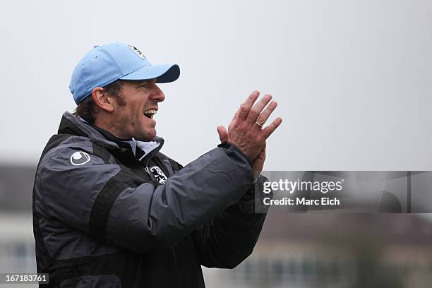 Muenchen's coach Markus von Ahlen reacts during the Regionalliga Bayern match between FV Illertissen and 1860 Muenchen II at Voehlinstadion on April...