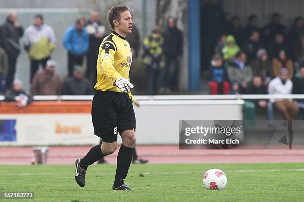 Muenchen's goalkeeper Kai Fritz in action during the Regionalliga Bayern match between FV Illertissen and 1860 Muenchen II at Voehlinstadion on April...