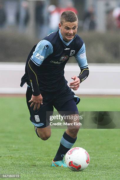 Chris Wolf of Muenchen in action during the Regionalliga Bayern match between FV Illertissen and 1860 Muenchen II at Voehlinstadion on April 20, 2013...