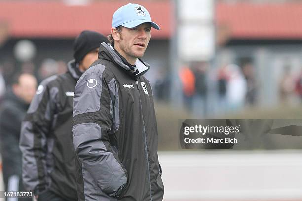 Muenchen's coach Markus von Ahlen looks on during the Regionalliga Bayern match between FV Illertissen and 1860 Muenchen II at Voehlinstadion on...