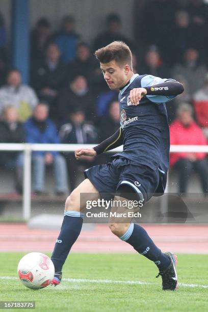 Ivan Knezevic of Muenchen in action during the Regionalliga Bayern match between FV Illertissen and 1860 Muenchen II at Voehlinstadion on April 20,...