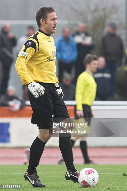 Muenchen's goalkeeper Kai Fritz in action during the Regionalliga Bayern match between FV Illertissen and 1860 Muenchen II at Voehlinstadion on April...