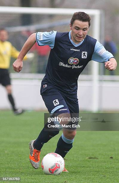 Andreas Geipl of Muenchen in action during the Regionalliga Bayern match between FV Illertissen and 1860 Muenchen II at Voehlinstadion on April 20,...