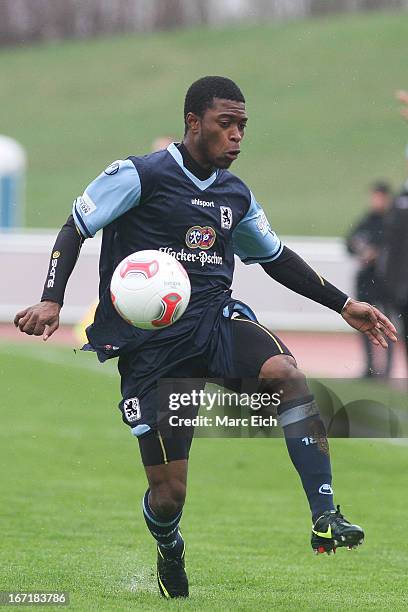 Kodjovi Koussou of Muenchen in action during the Regionalliga Bayern match between FV Illertissen and 1860 Muenchen II at Voehlinstadion on April 20,...